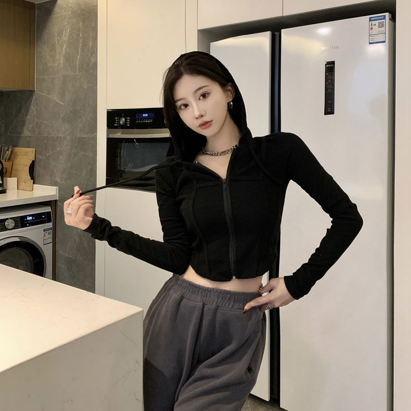 官圖辣妹短款連帽外套女2023新款春秋冬設計感長袖開衫顯瘦上衣潮