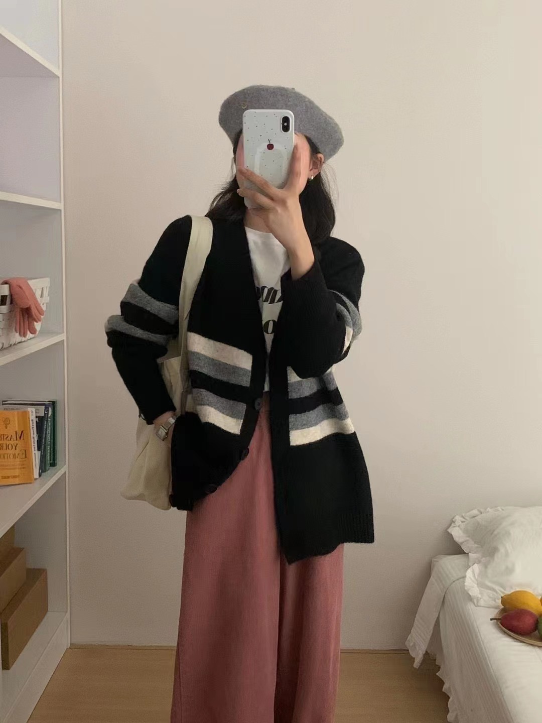 HELLO 秋冬2023新款韓版寬鬆時尚條紋軟糯保暖羊毛開衫外套女ins