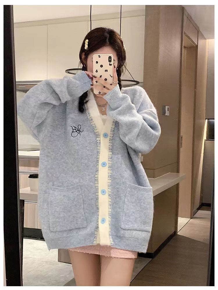 韓版V領刺繡小香風毛衣外套女秋季寬鬆百搭軟糯氣質顯瘦針織開衫