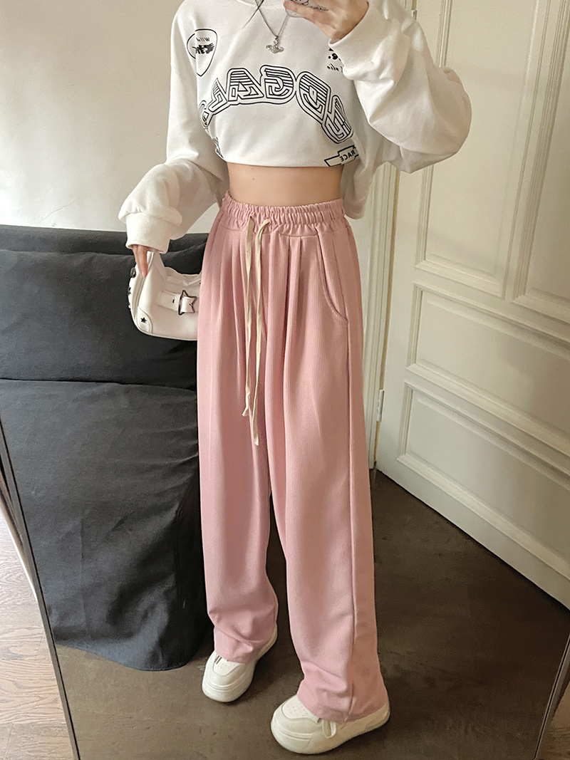 Actual shot of pink casual sweatpants for women, loose straight wide leg sports pants