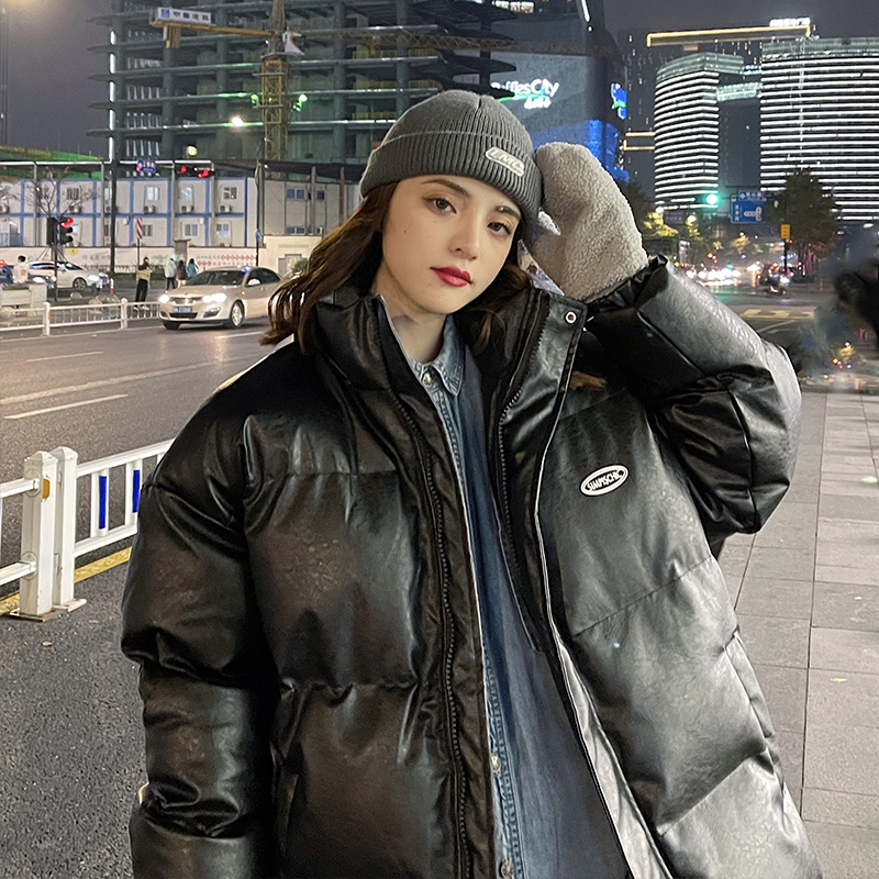 冬季新款PU皮立領棉衣男女ins潮流百搭寬鬆加厚保暖立領棉服外套