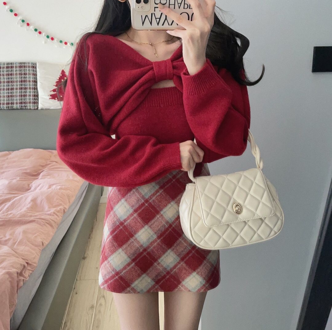 慵懶風紅色毛衣2023新款女春秋上衣小眾設計感蝴蝶結長袖針織衫冬