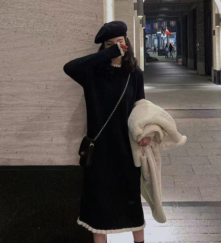 Women's early autumn new style knitted dress French style over-the-knee mid-length style with coat, bottoming sweater and skirt trendy
