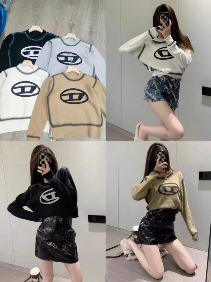 23s秋冬新款扎染字母印花設計感小眾圓領短款長袖針織衫女ins上衣