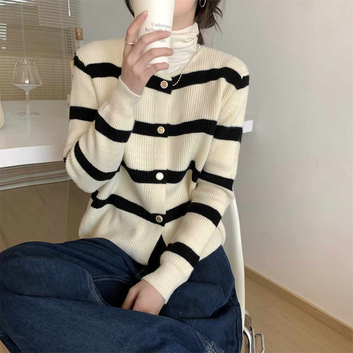 實拍 秋冬韓版氣質條紋小香風開衫北極絨針織女寬鬆外套