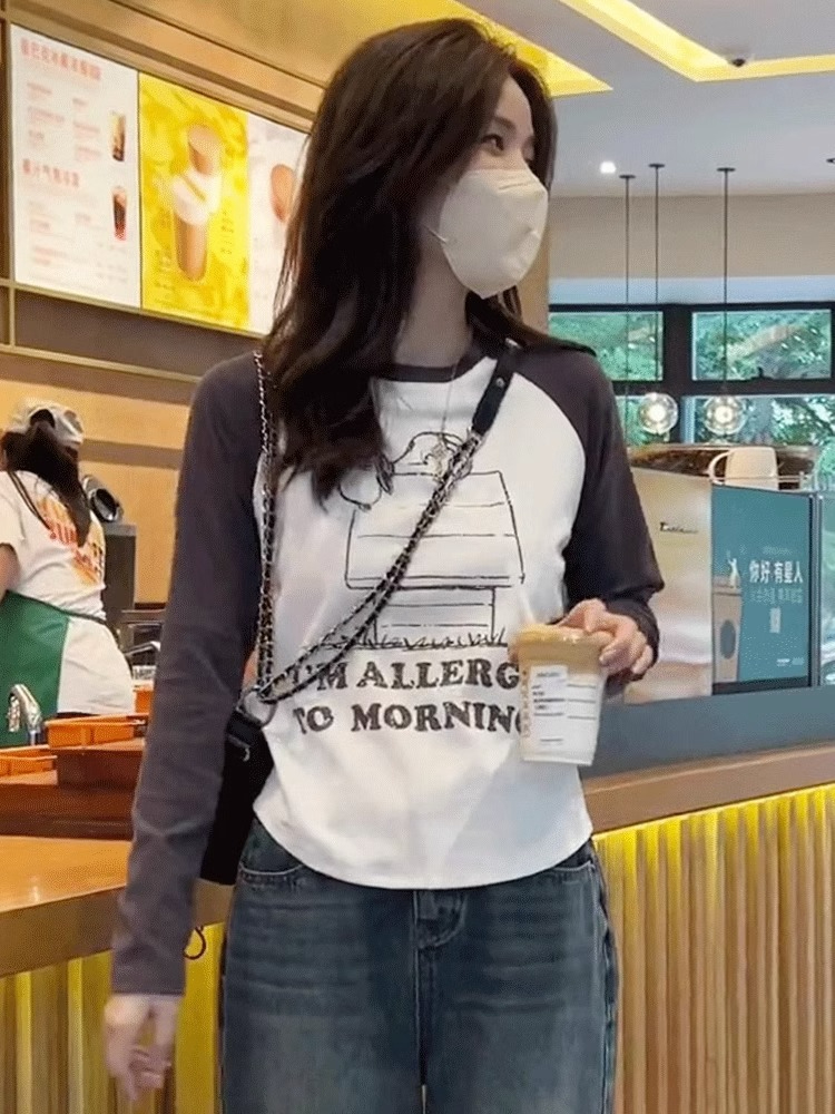 秋季美式插肩長袖t恤女2023早秋新款女裝打底衫時尚洋氣撞色上衣
