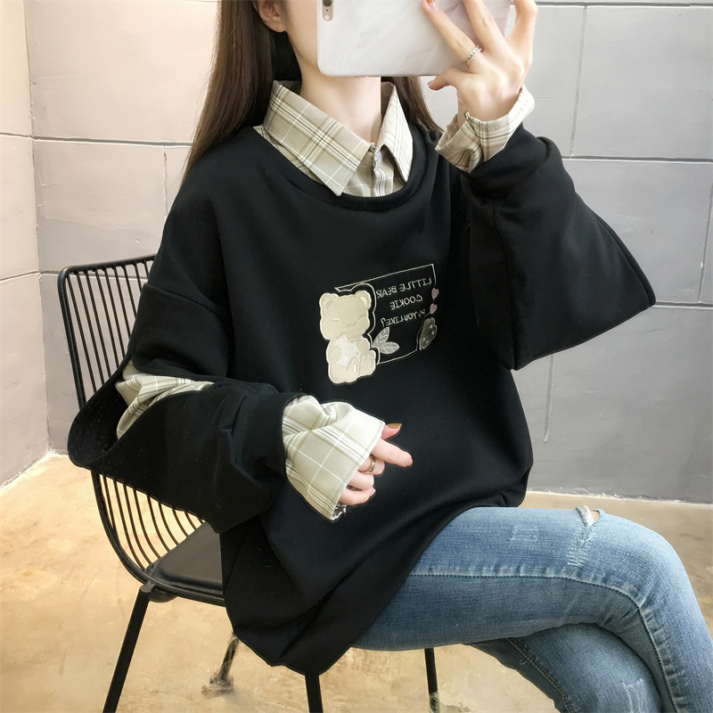 首發實拍牛奶絲複合假兩件寬鬆Polo領加厚加絨衛衣女上衣