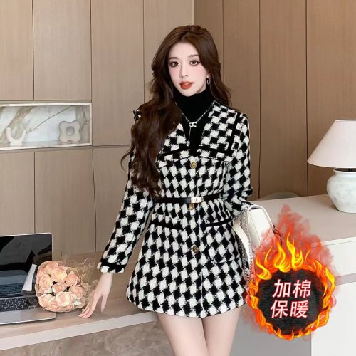 Actual shot of  autumn and winter new double-breasted woolen suit fitted navy collar small fragrant jacket