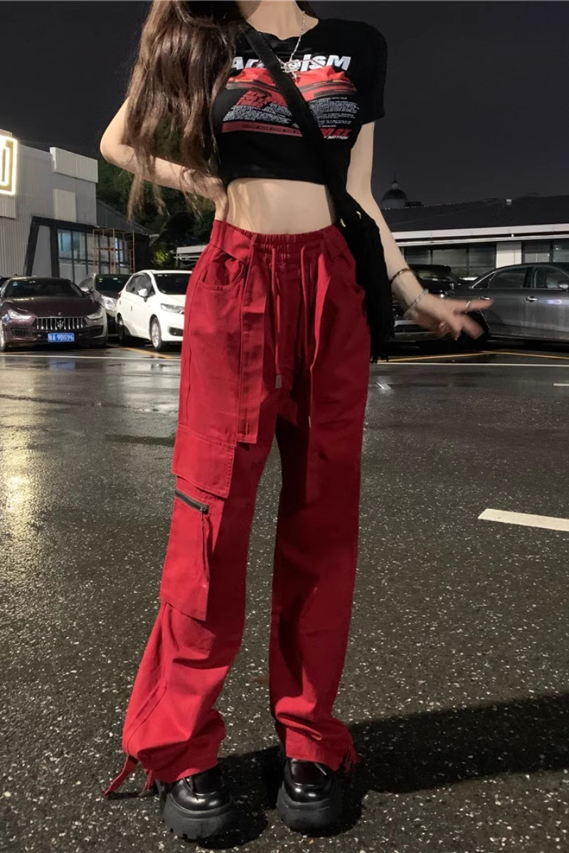 紅色美式高街工裝褲女寬鬆直筒休閒褲秋季高腰垂感闊腿褲長褲子潮
