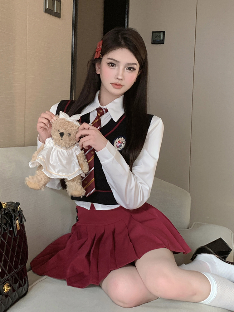 實拍  甜辣風百褶裙套裝女學院三兩件套