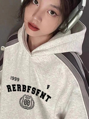 Vintage retro trendy brand raglan sleeve hooded sweatshirt for female students loose color block jacket hoodie autumn and winter top