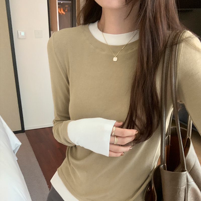 實拍圖撞色設計感圓領假兩件長袖T恤女秋季新款修身打底衫