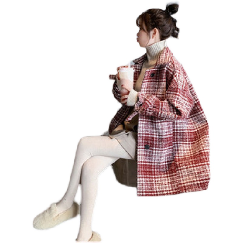 Winter small fragrance style short jacket women's new year woolen plaid Korean style loose top ins trend