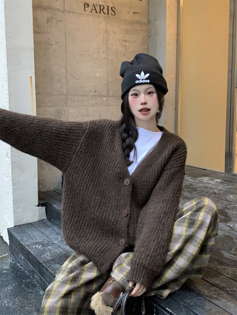 實拍 慵懶V領大毛衣外套開衫休閒針織上衣寬鬆格子休閒長褲