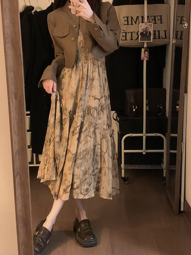 實拍 秋季時尚套裝氣質皮衣短外套輕熟吊帶連衣裙兩件套