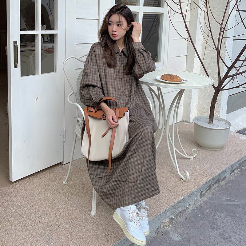 2023秋冬季日系復古格子長袖襯衫裙女慵懶風小個子氣質顯瘦連衣裙