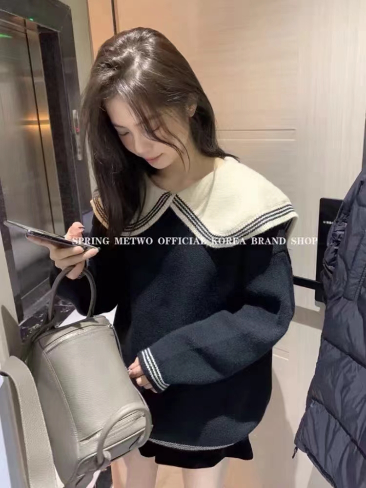 韓版撞色娃娃領毛衣女秋冬小個子慵懶風寬鬆軟糯甜美加厚針織上衣