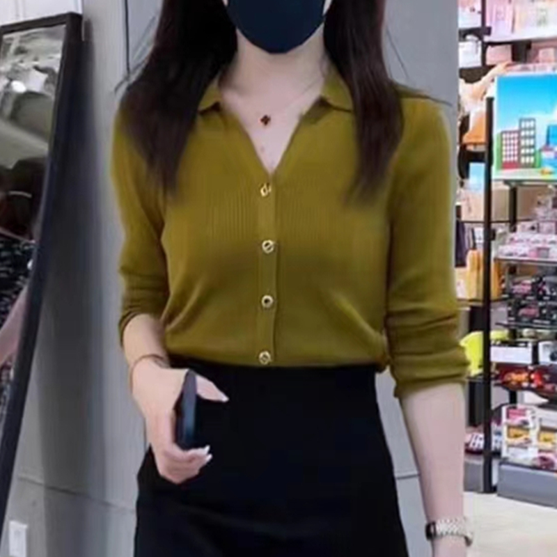Spring and Autumn 2023 New Polo Neck Sweater Button High-end Design Chic Spring Knitted Cardigan Bottoming Top