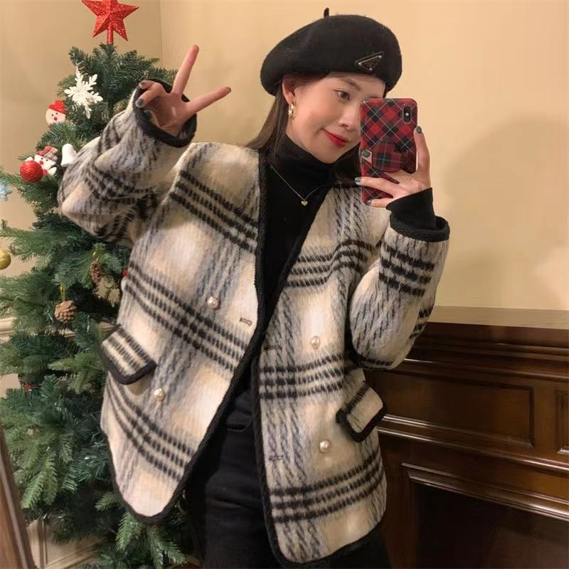 冬季拼色格子毛呢外套精緻小香風上衣年輕寬鬆百搭大衣