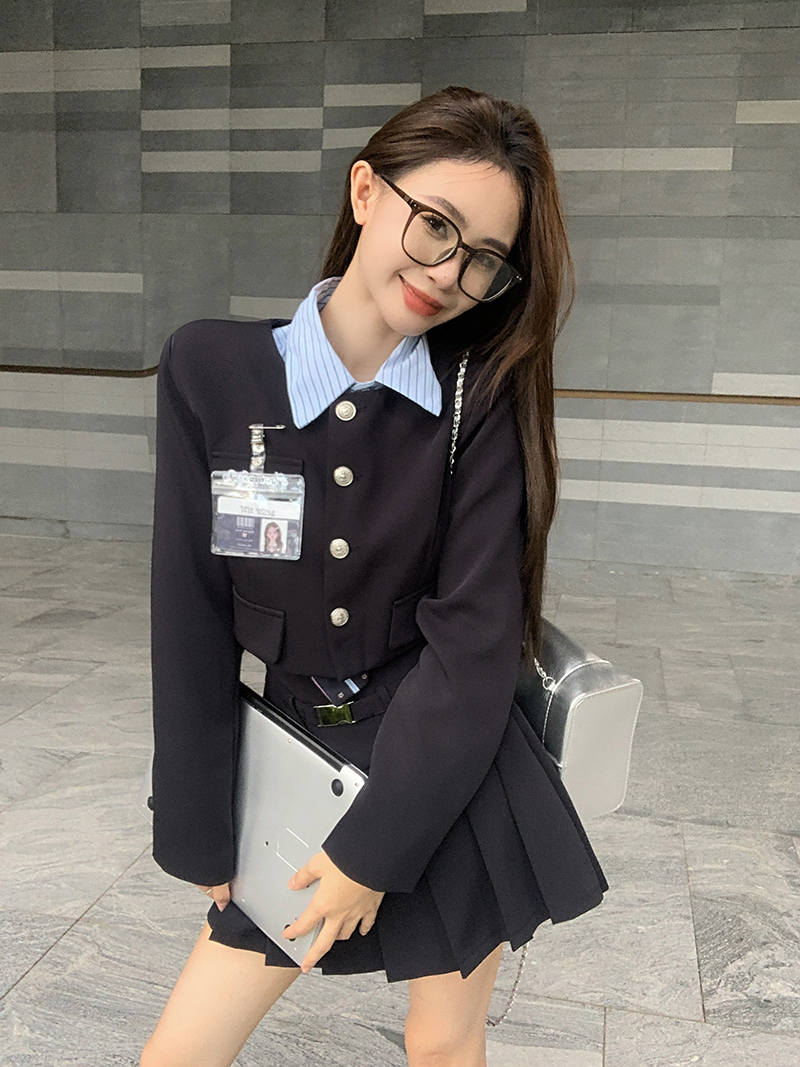 實拍！短款西裝外套美式學院套裝女高腰顯瘦百褶裙兩件套2306
