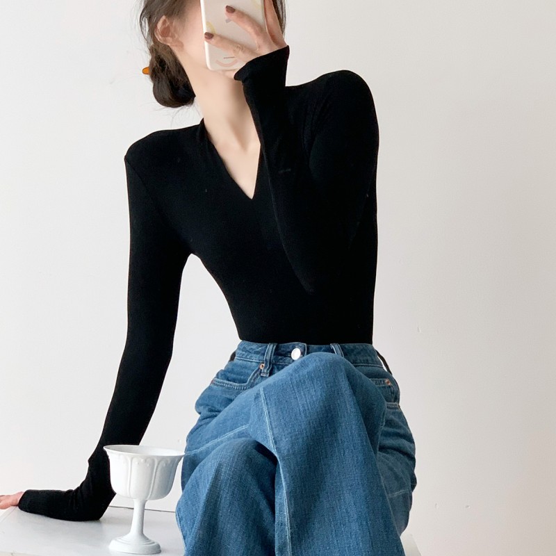黑色長袖T恤女2023春秋修身顯瘦性感內搭打底衫純色V領針織衫上衣