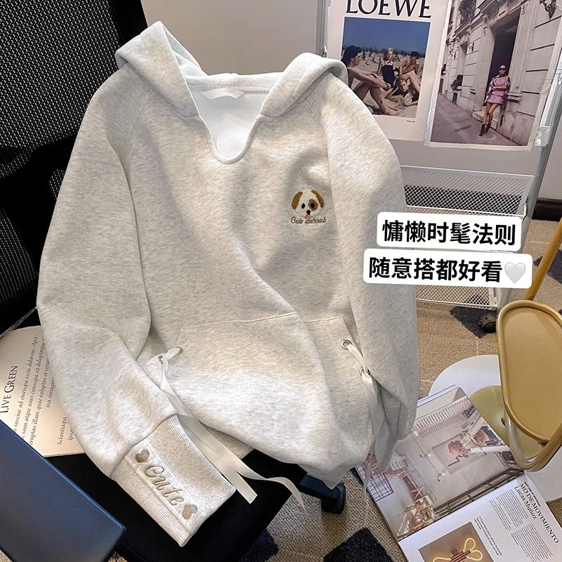 華棉2023新款秋季韓版休閒卡通刺繡連帽寬鬆衛衣女