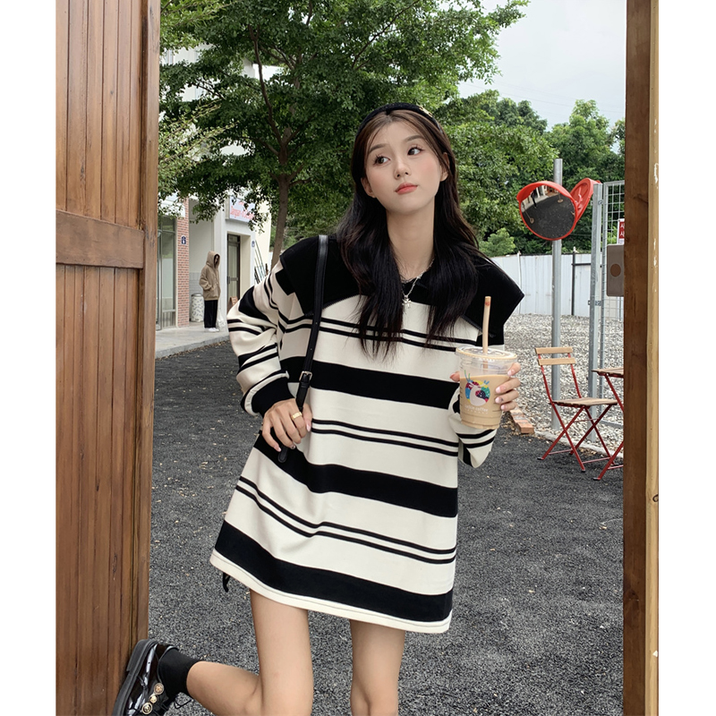 中長款條紋衛衣女裝秋季2023新款小個子慵懶風寬鬆休閒長袖上衣潮