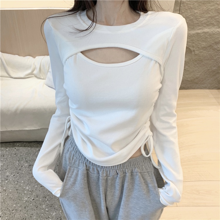 Actual shot of autumn Korean style hollow round neck solid color simple slim fit 9-color slim bottoming shirt long-sleeved T-shirt for women