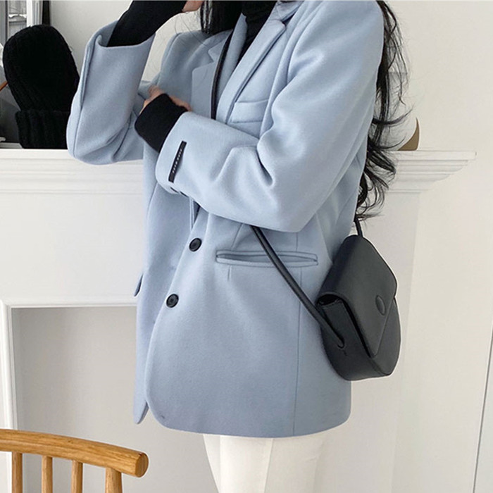 小清新單排扣毛呢西服外套女2023冬韓版小個子羊毛呢西裝上衣大碼