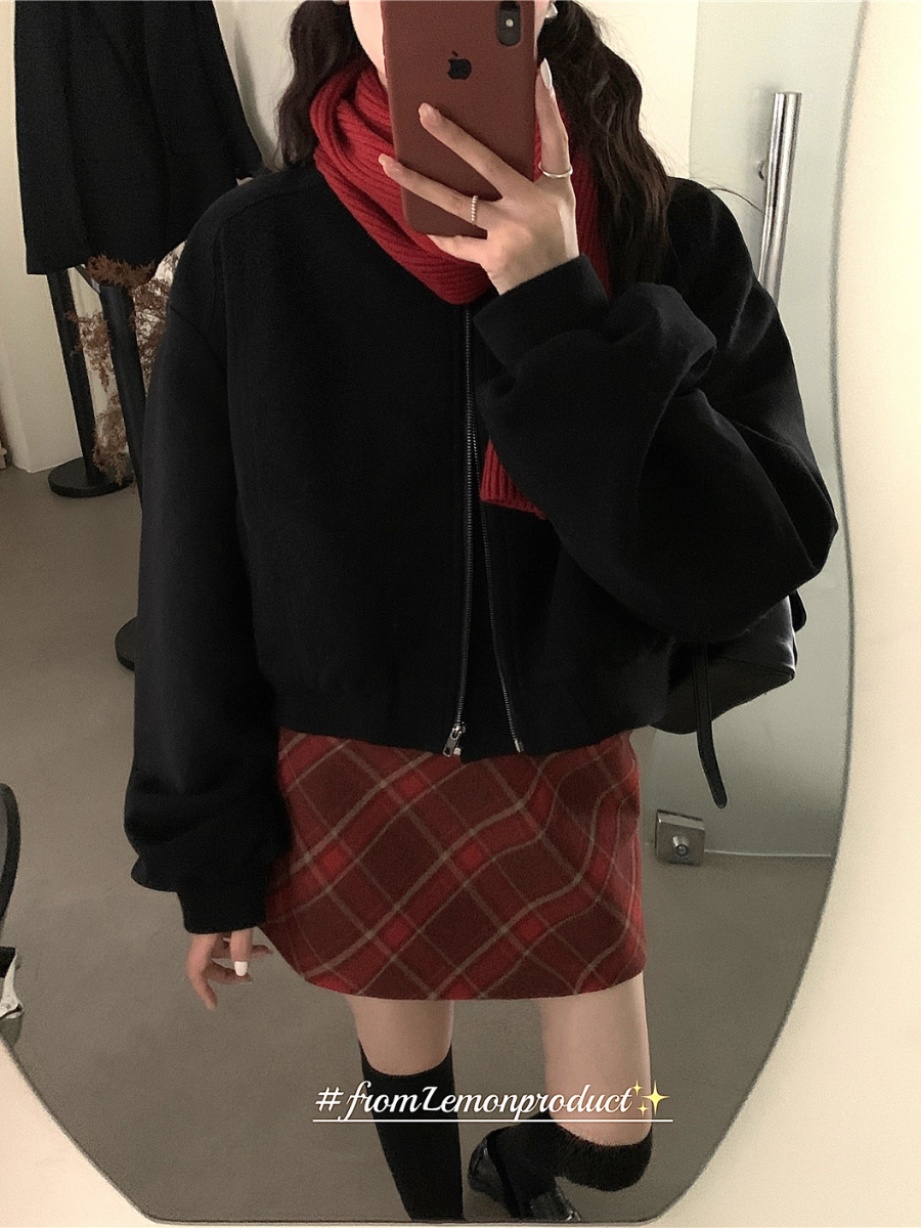 the lemon autumn and winter Korean retro sweet and versatile quilted woolen motorcycle style solid color jacket short coat