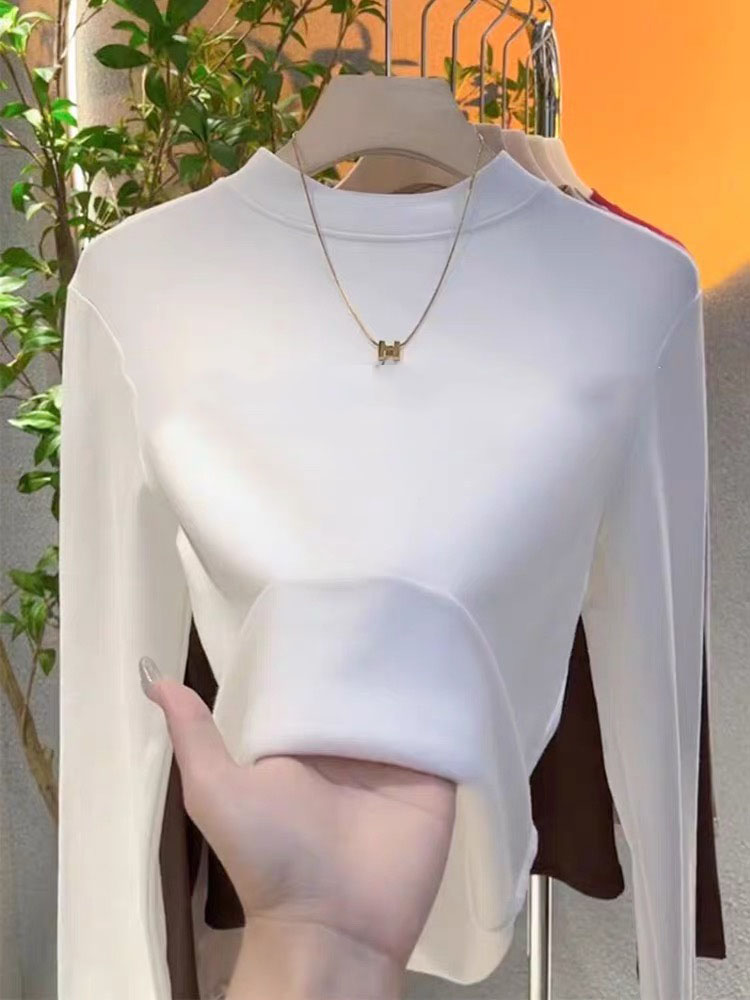 白色半高領莫代爾打底衫女秋冬萬能內搭春秋加絨磨毛長袖T恤上衣