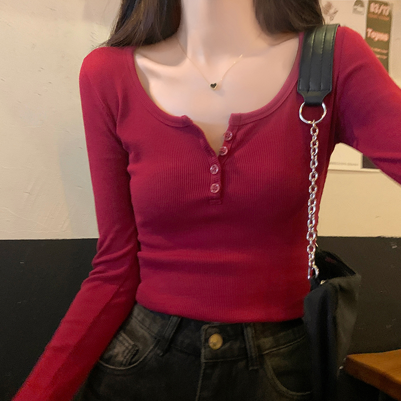 半開領辣妹修身t恤女打底衫早秋美拉德穿搭chic螺紋紐扣長袖上衣