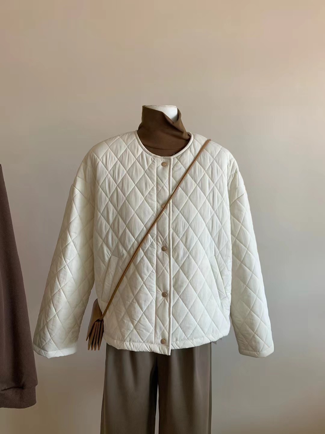 實拍～韓版單排扣菱形格長袖棉服秋冬百搭寬鬆疊穿圓領短外套