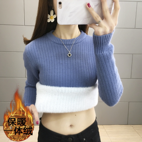 Velvet thickened round neck pullover sweater women's top autumn and winter knitted sweater  slim bottoming shirt with long sleeves for women