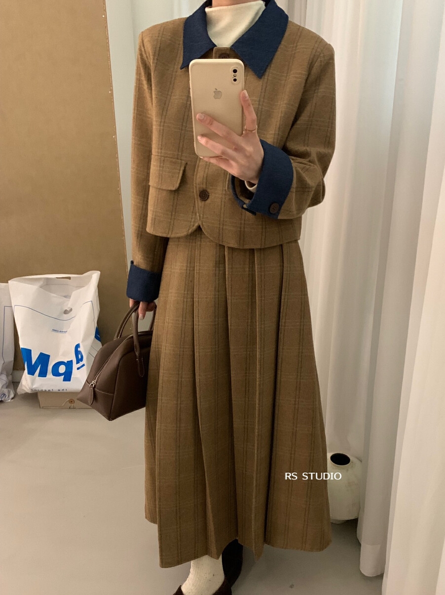 格子小香風套裝女毛呢民國小洋裝兩件套高級感韓劇穿搭秋裝一整套