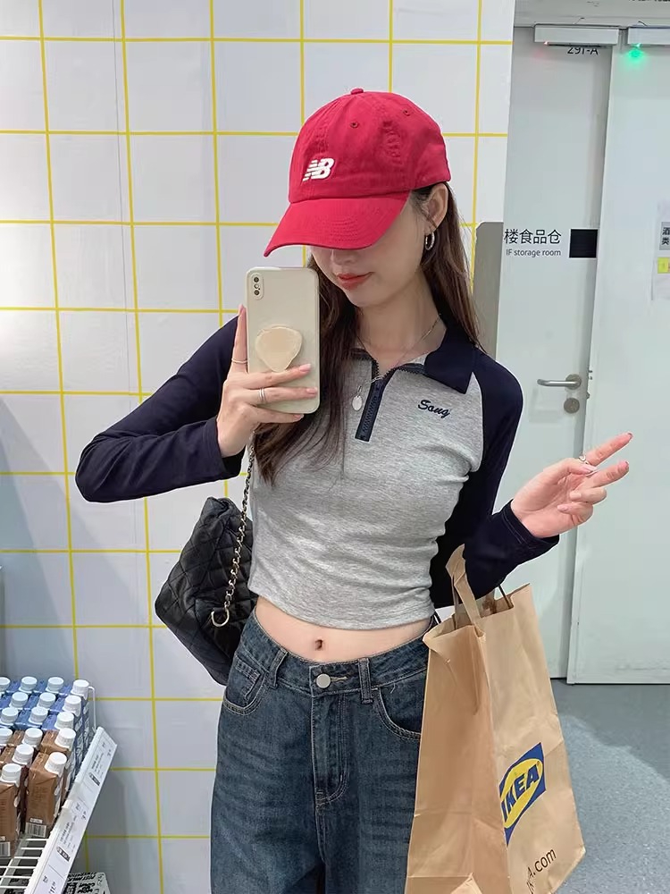 Polo領撞色美式復古t恤女裝秋季新款內搭打底衫胖mm短款上衣