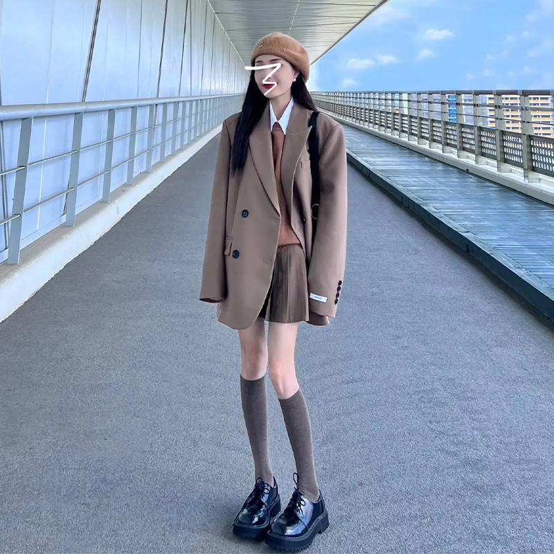Small coffee color jk suit short jacket for women spring and autumn 2023 new high-end loose autumn and winter suit top