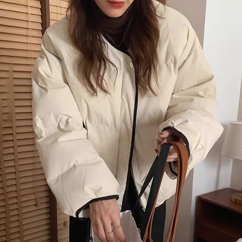 韓版小個子別致加厚圓領棉服女冬季新款顯瘦百搭寬鬆卡其色麵包服