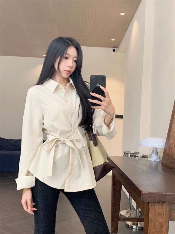 法式長袖襯衫女秋季2023新款別致襯衣小眾設計感系帶收腰顯瘦上衣