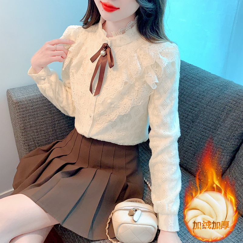 蕾絲加絨打底衫女襯衫2023秋冬新款花邊立領加厚洋氣上衣襯衣女裝