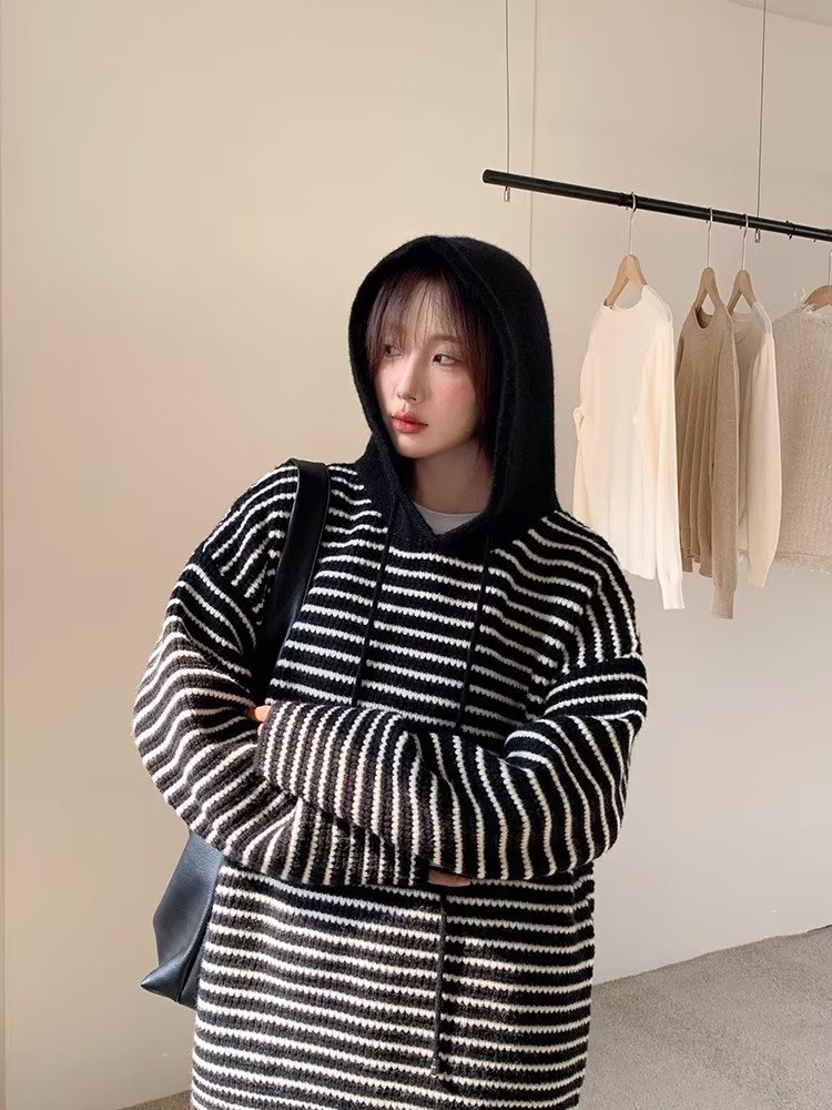 條紋連帽針織衫外套女2023年秋冬季新款設計感寬鬆韓系慵懶風毛衣