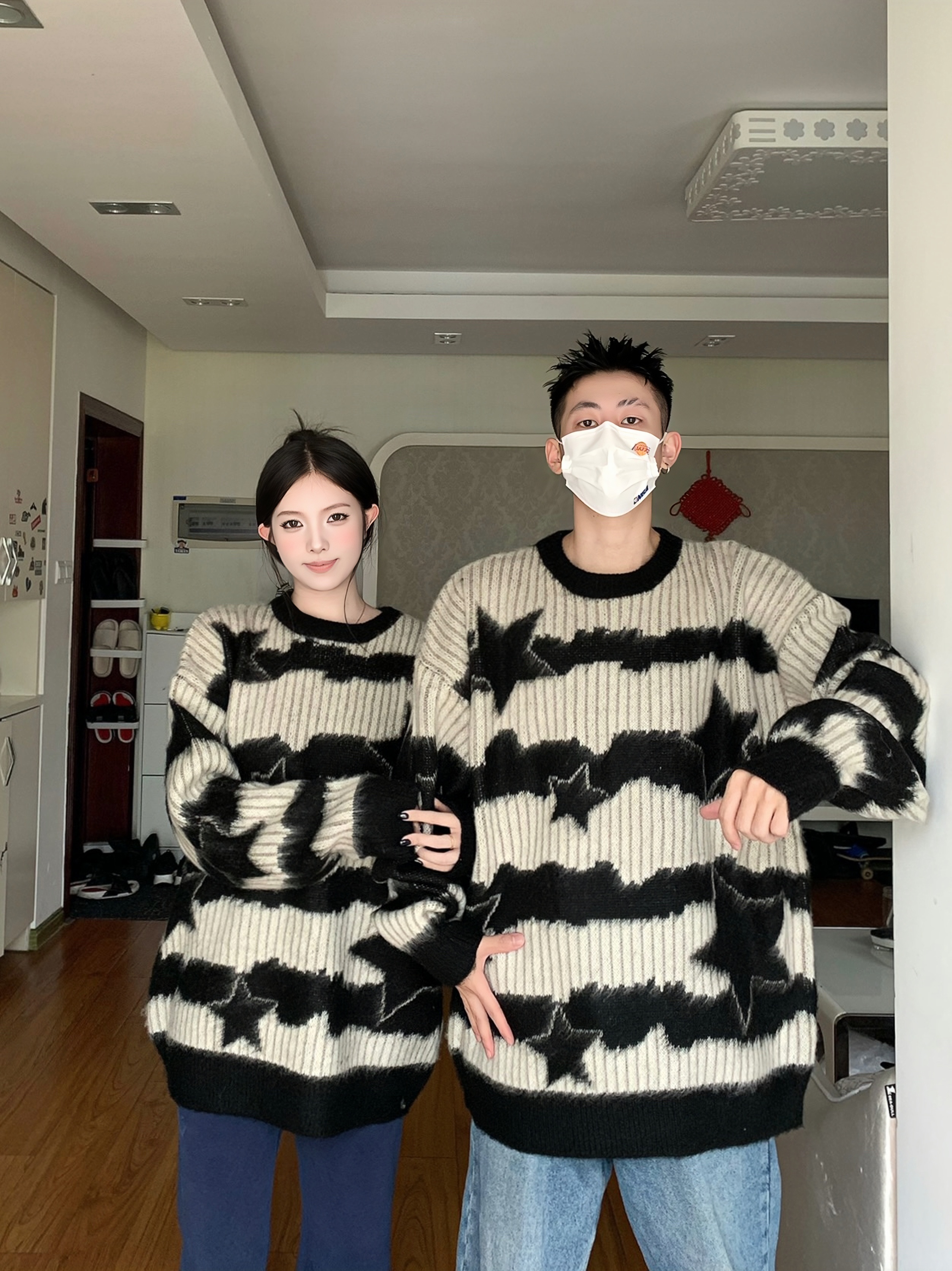 美式情侶裝小眾不規則撞色斑馬紋毛衣寬鬆馬海毛針織衫
