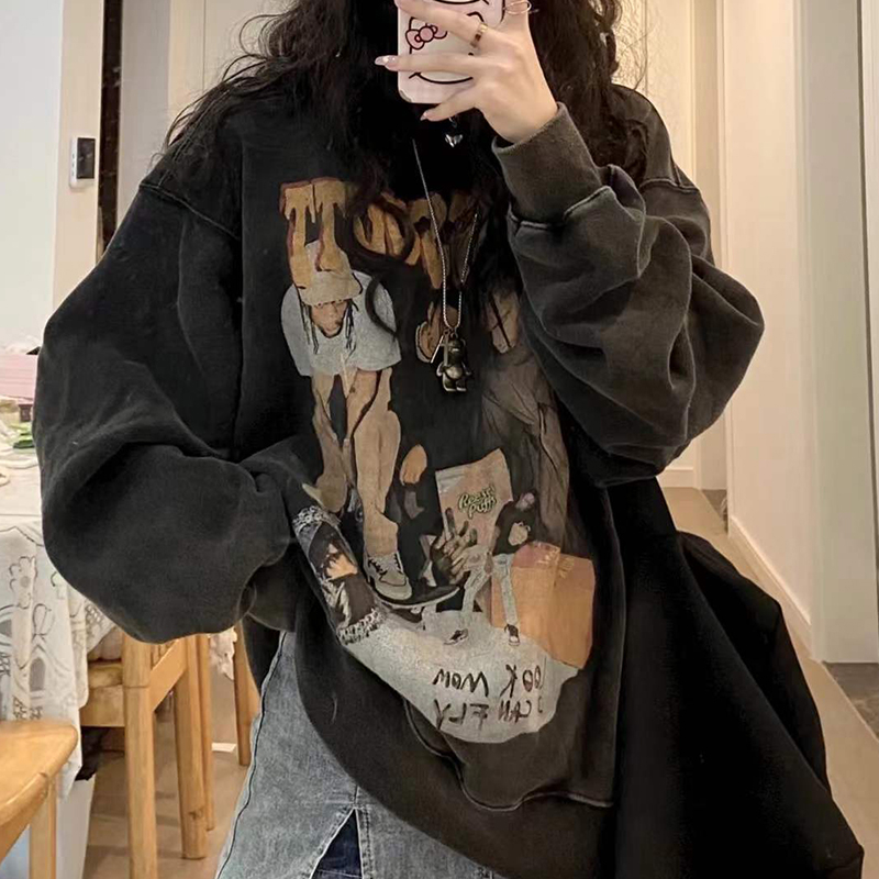Winter Korean style loose hooded distressed pure cotton high street trendy brand printed mid-length large size velvet thickened sweatshirt for women