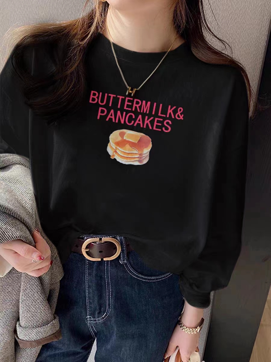 Milk silk, pure cotton, personalized printed long-sleeved T-shirt for women, white contrasting color, simple inner layer, high-end bottoming top