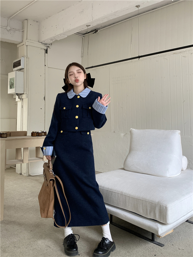 實拍~法式小香風短款毛呢長袖外套+假兩件連衣裙套裝女