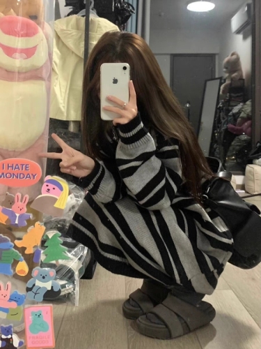 Lazy style striped sweater knitted dress loose mid-length autumn and winter new style bottoming layered with an over-the-knee skirt