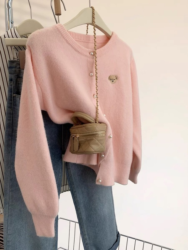 Pink little scented bear raccoon velvet short sweater jacket for women in autumn and winter lazy style mohair knitted cardigan