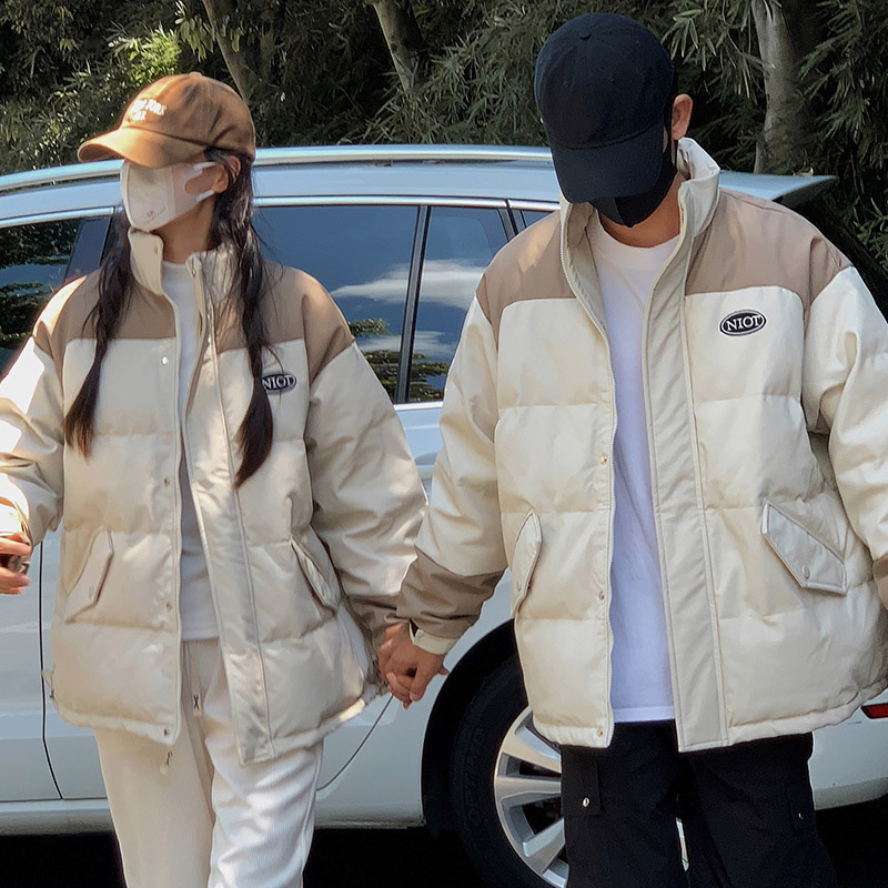 情侶款拼接設計感2023新款羽絨棉服短款女小個子學院風寬鬆麵包服