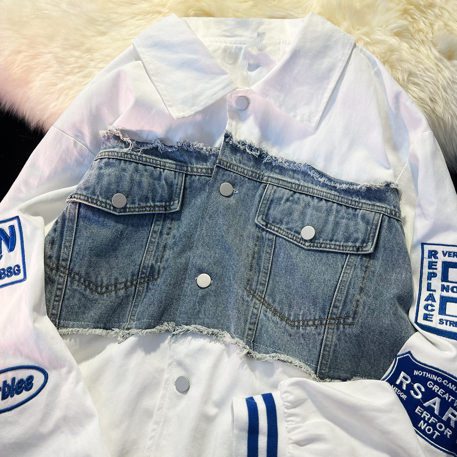 美式復古拼接牛仔棒球服oversize高街設計感小眾衛衣外套女