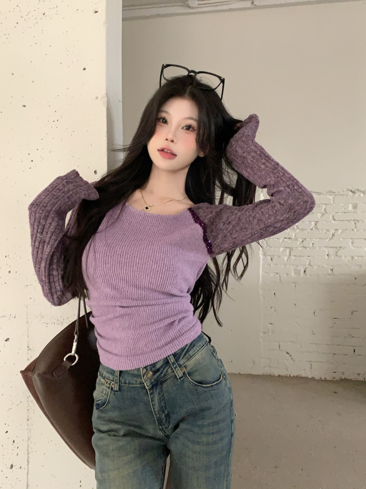實拍插肩袖撞色修身長袖紫色女秋季重工釘珠褶皺顯瘦上衣